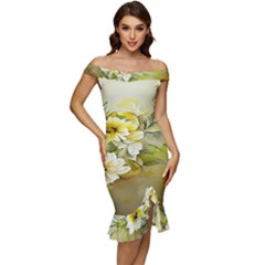 Watercolor Yellow And-white Flower Background Off Shoulder Ruffle Split Hem Bodycon Dress by artworkshop