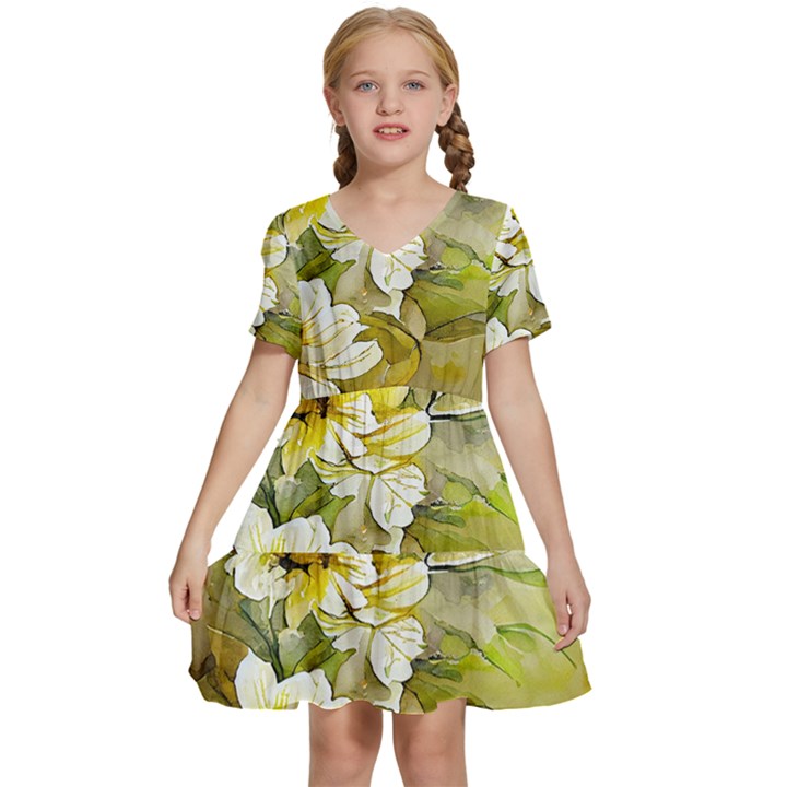 Watercolor Yellow And-white Flower Background Kids  Short Sleeve Tiered Mini Dress