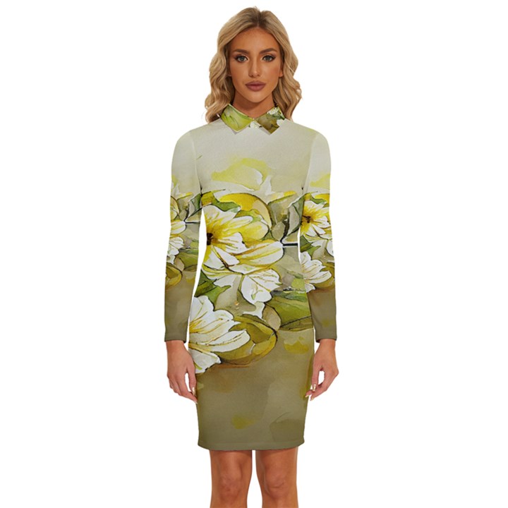 Watercolor Yellow And-white Flower Background Long Sleeve Shirt Collar Bodycon Dress