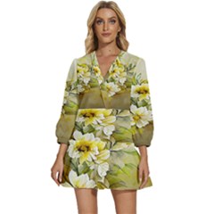 Watercolor Yellow And-white Flower Background V-neck Placket Mini Dress by artworkshop