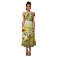 Watercolor Yellow And-white Flower Background Sleeveless Cross Front Cocktail Midi Chiffon Dress