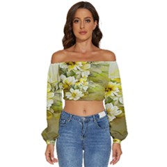 Watercolor Yellow And-white Flower Background Long Sleeve Crinkled Weave Crop Top