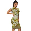 Watercolor Yellow And-white Flower Background Vintage Frill Sleeve V-Neck Bodycon Dress View3