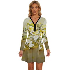 Watercolor Yellow And-white Flower Background Long Sleeve Deep V Mini Dress 