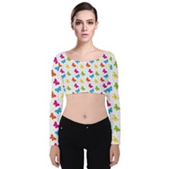 Butterfly Pattern Design Wallpaper Background Velvet Long Sleeve Crop Top by Ravend