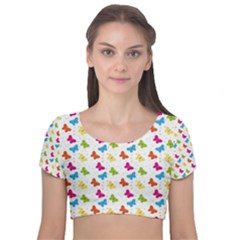 Butterfly Pattern Design Wallpaper Background Velvet Short Sleeve Crop Top  by Ravend