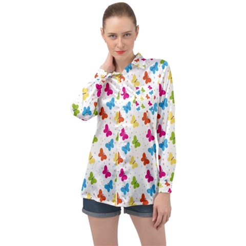 Butterfly Pattern Design Wallpaper Background Long Sleeve Satin Shirt by Ravend