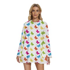 Butterfly Pattern Design Wallpaper Background Round Neck Long Sleeve Bohemian Style Chiffon Mini Dress by Ravend