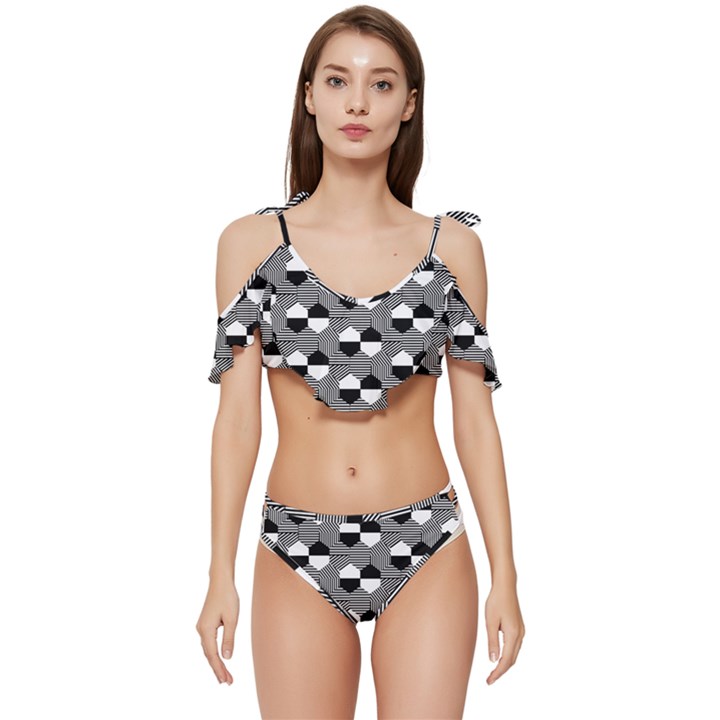 Geometric Pattern Line Form Texture Structure Ruffle Edge Tie Up Bikini Set	