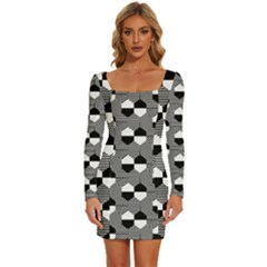 Geometric Pattern Line Form Texture Structure Long Sleeve Square Neck Bodycon Velvet Dress