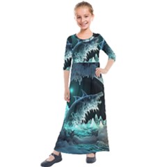 Sculpture Dinosaur Shark Frozen Winter Fantasy Kids  Quarter Sleeve Maxi Dress by Ravend