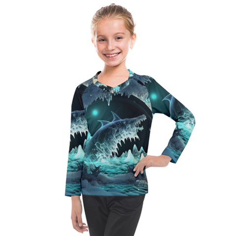 Sculpture Dinosaur Shark Frozen Winter Fantasy Kids  Long Mesh Tee by Ravend