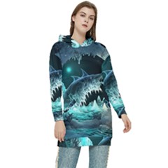 Sculpture Dinosaur Shark Frozen Winter Fantasy Women s Long Oversized Pullover Hoodie by Ravend