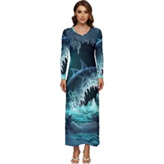 Sculpture Dinosaur Shark Frozen Winter Fantasy Long Sleeve Longline Maxi Dress by Ravend