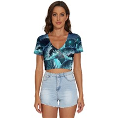 Sculpture Dinosaur Shark Frozen Winter Fantasy V-neck Crop Top by Ravend