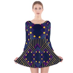 Line Square Pattern Violet Blue Yellow Design Long Sleeve Velvet Skater Dress by Ravend