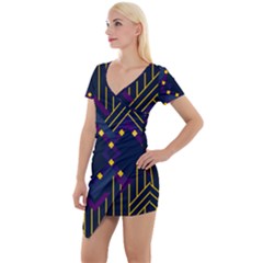 Line Square Pattern Violet Blue Yellow Design Short Sleeve Asymmetric Mini Dress by Ravend