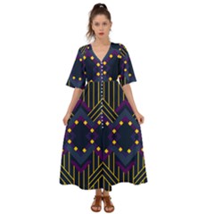 Line Square Pattern Violet Blue Yellow Design Kimono Sleeve Boho Dress by Ravend