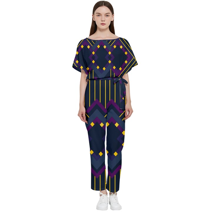 Line Square Pattern Violet Blue Yellow Design Batwing Lightweight Chiffon Jumpsuit