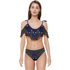 Line Square Pattern Violet Blue Yellow Design Ruffle Edge Tie Up Bikini Set	