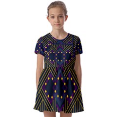 Line Square Pattern Violet Blue Yellow Design Kids  Short Sleeve Pinafore Style Dress