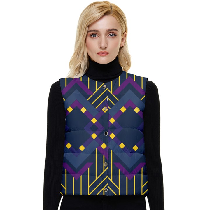 Line Square Pattern Violet Blue Yellow Design Women s Short Button Up Puffer Vest