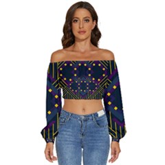 Line Square Pattern Violet Blue Yellow Design Long Sleeve Crinkled Weave Crop Top