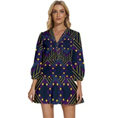 Line Square Pattern Violet Blue Yellow Design V-neck Placket Mini Dress