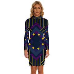 Line Square Pattern Violet Blue Yellow Design Long Sleeve Shirt Collar Bodycon Dress