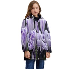 Crocus Flowers Purple Flowers Spring Nature Kid s Hooded Longline Puffer Jacket by Ravend