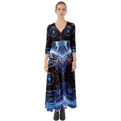 Ai Generated Digital Technology Computer Internet Button Up Boho Maxi Dress by Ravend