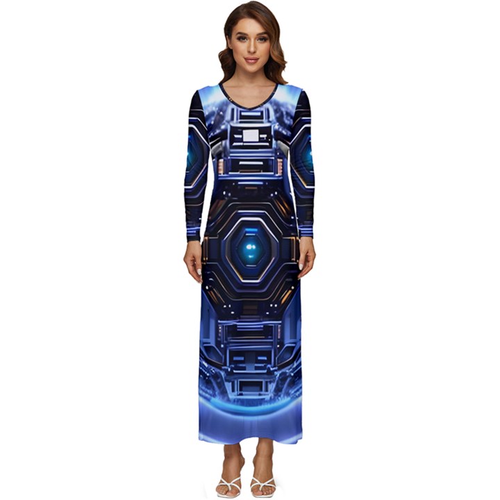 Ai Generated Digital Technology Computer Internet Long Sleeve Longline Maxi Dress