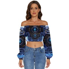 Ai Generated Digital Technology Computer Internet Long Sleeve Crinkled Weave Crop Top