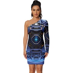 Ai Generated Digital Technology Computer Internet Long Sleeve One Shoulder Mini Dress