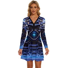 Ai Generated Digital Technology Computer Internet Long Sleeve Deep V Mini Dress 