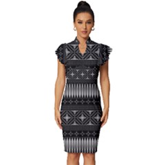 Abstract Art Artistic Backdrop Black Brush Card Vintage Frill Sleeve V-neck Bodycon Dress