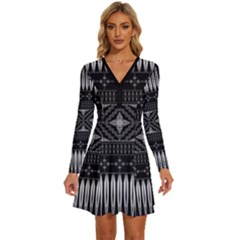 Abstract Art Artistic Backdrop Black Brush Card Long Sleeve Deep V Mini Dress 