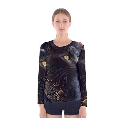 Ai Generated Cat Moon Feline Cute Women s Long Sleeve Tee by Ravend