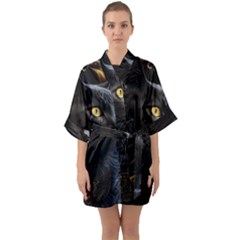 Ai Generated Cat Moon Feline Cute Half Sleeve Satin Kimono  by Ravend