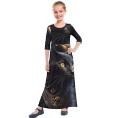 Ai Generated Cat Moon Feline Cute Kids  Quarter Sleeve Maxi Dress by Ravend