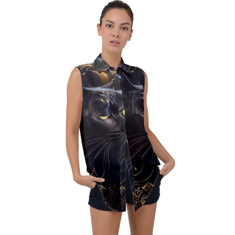 Ai Generated Cat Moon Feline Cute Sleeveless Chiffon Button Shirt by Ravend