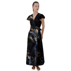 Ai Generated Cat Moon Feline Cute Flutter Sleeve Maxi Dress by Ravend