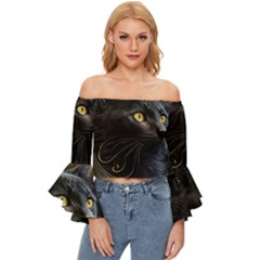 Ai Generated Cat Moon Feline Cute Off Shoulder Flutter Bell Sleeve Top by Ravend