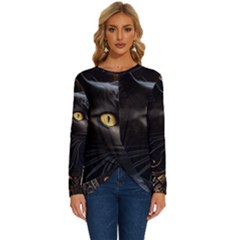 Ai Generated Cat Moon Feline Cute Long Sleeve Crew Neck Pullover Top by Ravend