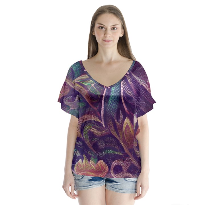 Abstract African Art Art Backdrop Background V-Neck Flutter Sleeve Top