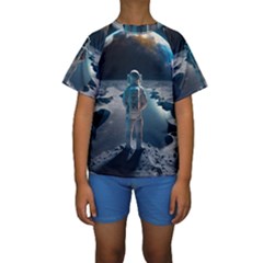 Ai Generated Space Astronaut Universe Moon Earth Kids  Short Sleeve Swimwear by Ravend