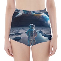 Ai Generated Space Astronaut Universe Moon Earth High-waisted Bikini Bottoms by Ravend