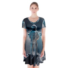 Ai Generated Space Astronaut Universe Moon Earth Short Sleeve V-neck Flare Dress by Ravend