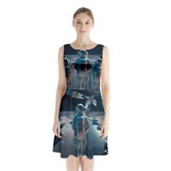 Ai Generated Space Astronaut Universe Moon Earth Sleeveless Waist Tie Chiffon Dress by Ravend