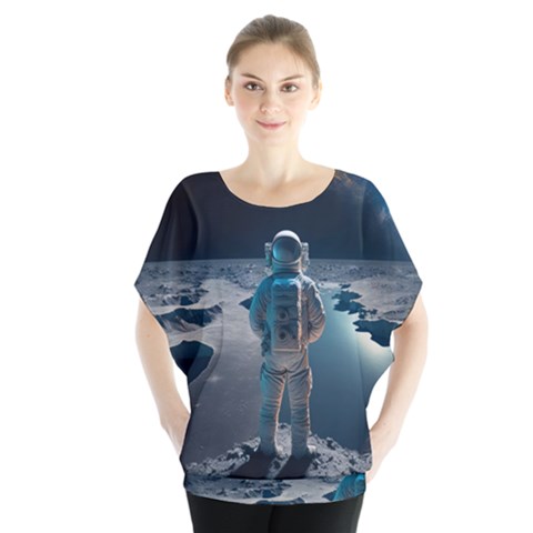 Ai Generated Space Astronaut Universe Moon Earth Batwing Chiffon Blouse by Ravend